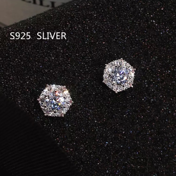 Sterling Silver hexagon CZ Earrings - Picture 3 of 7